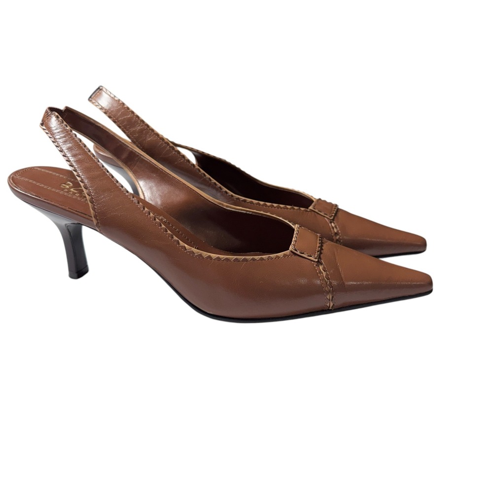BCBG Paris Vintage Y2K Slingbacks 8.5 Brown Leather Pointed Toe Kitten Heel